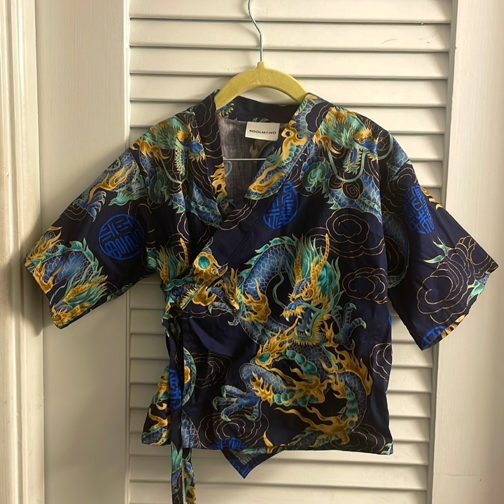 Koolmono Japanese Inspired Kimono Wrap Top 3T Dragon Print Rare Navy NWOT
